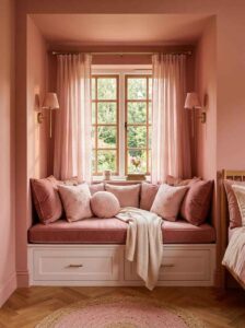 A small bedroom reading nook window seat bench built with hidden storage drawers below, an ultra-plush pink velvet long bench cushion, and stacked throw pillows.