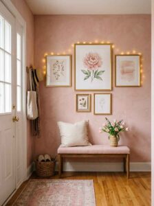 A curated small gallery wall with botanical prints in gold frames hanging above a bench for stylish entryway ideas.