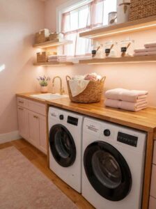 Wood butcher block counter over front load washers with floating shelves and woven laundry baskets.