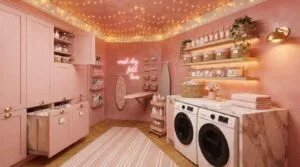 small laundry room organization ideas featuring blush pink cabinets, pull-out hampers, and marble counters.