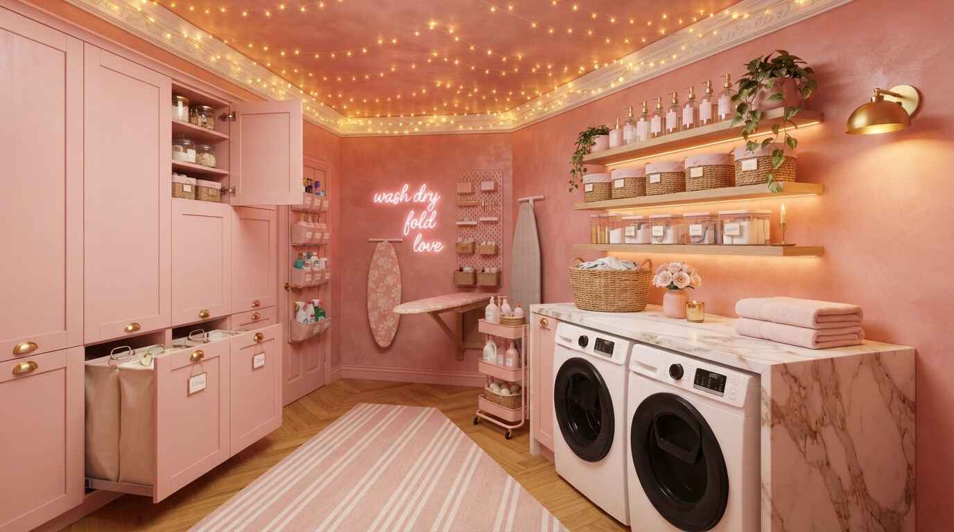 small laundry room organization ideas featuring blush pink cabinets, pull-out hampers, and marble counters.