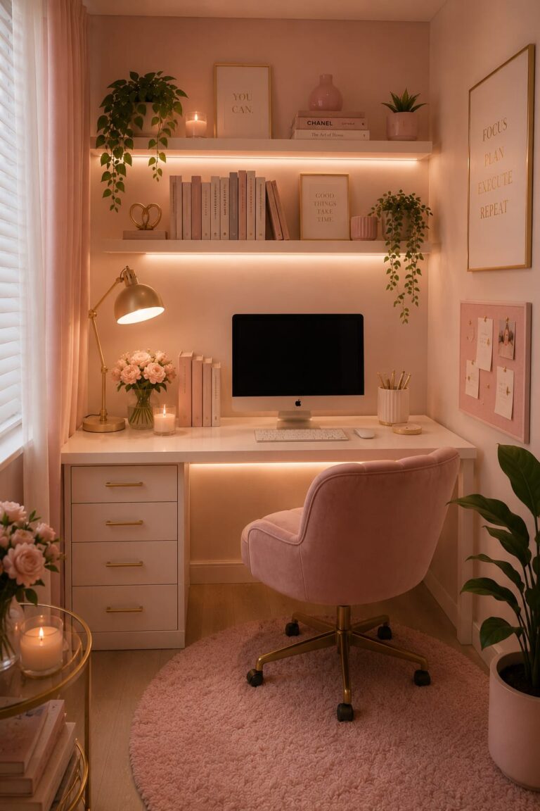 small pink home office