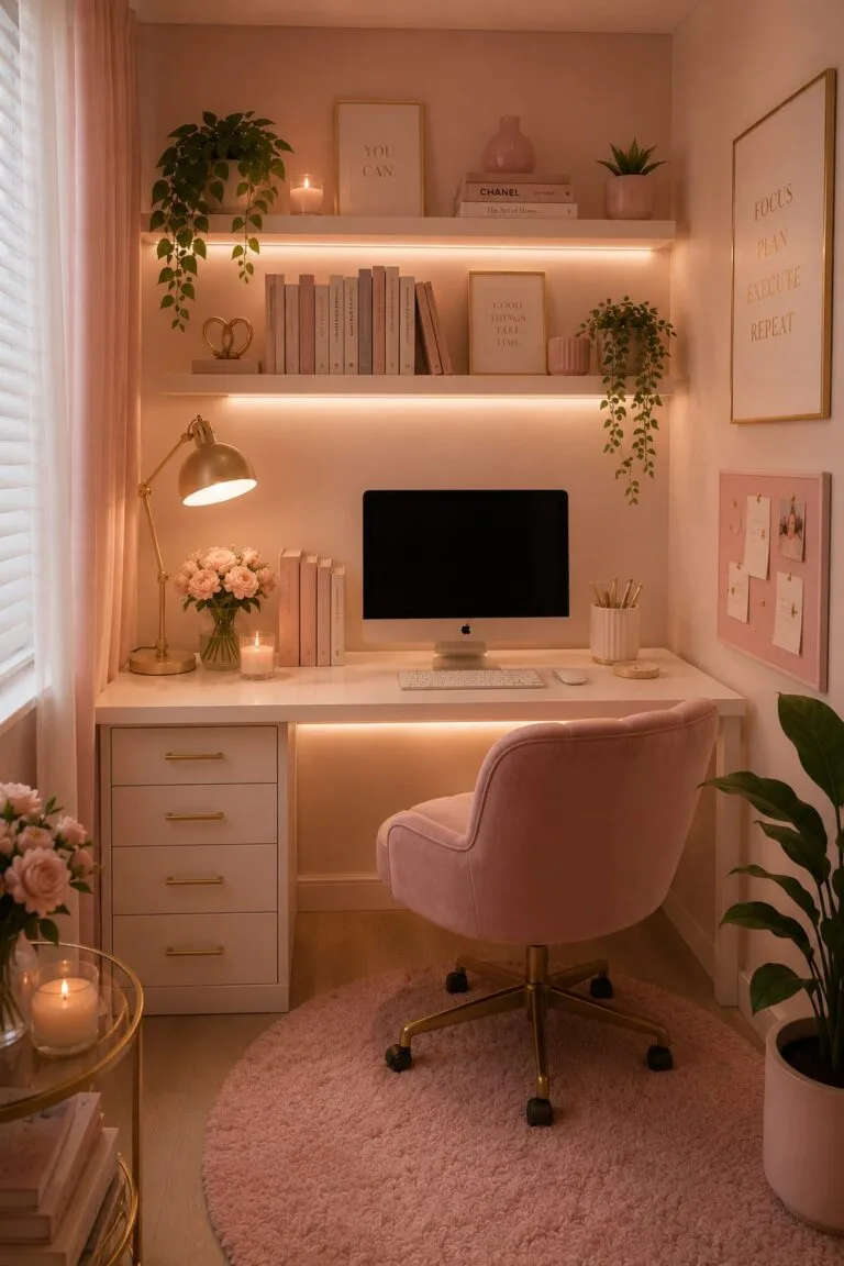 small pink home office