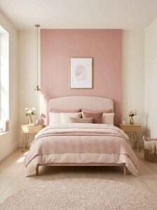 Minimalist bedroom design featuring a soft blush pink painted accent panel wall behind a padded headboard, with a single minimalist line-art print centered above.