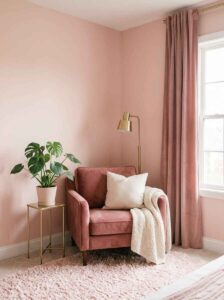 A calming cozy reading nook aesthetic featuring a soft pink velvet chair, matching floor-to-ceiling curtains, a gold task lamp, and a blush shag area rug.