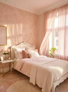 Clean Scandinavian style apartment bedroom design with a simple white vintage wooden bed frame, smooth blush pink limewash textured paint walls, and a minimalist elegant marble side table.