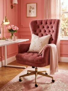 Tufted dusty pink velvet ergonomic office chair with gold rolling legs, styled with a throw blanket and pillow in a feminine home office.