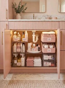 Open bathroom vanity cabinet organized with clear stackable acrylic drawers and pink fabric baskets.
