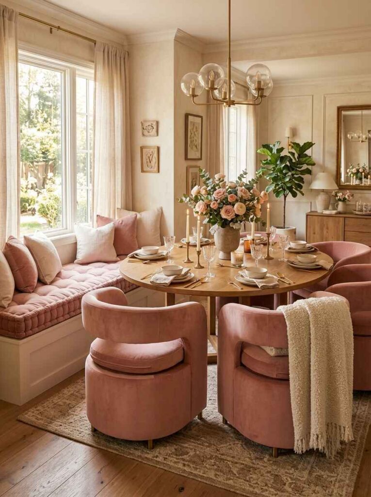 Dining nook featuring pink velvet chairs, tufted window bench cushions, and a cozy throw blanket.