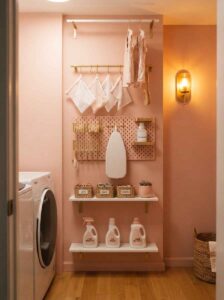 Vertical laundry wall storage featuring a pink pegboard, gold hanging rod, and floating shelves for detergents.