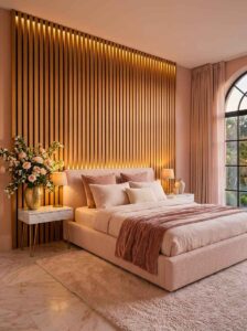 Modern luxury bedroom design with a floor-to-ceiling vertical oak wood slat accent wall featuring integrated warm LED strip lighting behind an upholstered bed.