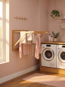 Wall-mounted wooden collapsible drying rack extended over a washer and dryer in a pink laundry nook