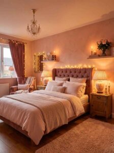Moody cozy bedroom lighting ideas showing a large tufted dusty rose headboard lit by warm glowing bedside table lamps, floating shelf candles, a small glass chandelier, and twinkling fairy lights.