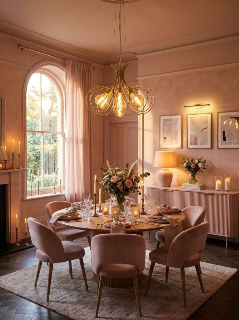 Warm ambient dining room lighting featuring a brass statement pendant light, wall sconces, and glowing candles.
