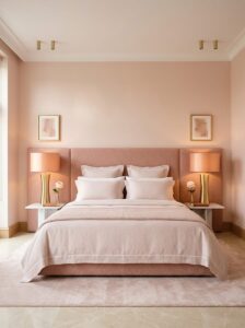 Symmetrical blush pink bedroom styling with modern brass bedside lamps casting a soft 2700K warm white bulb glow over a linen duvet.
