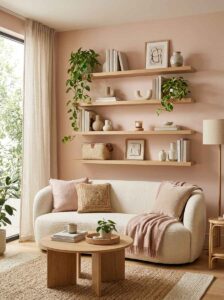 Cozy living room ideas with a white bouclé curved sofa, floating oak shelves decorated with books and trailing devil’s ivy plants against a soft pink wall.