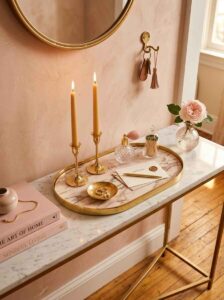 A natural oak wooden console table styled with a blush pink ceramic vase, white candles, and a round mirror for elegant entryway decor ideas.