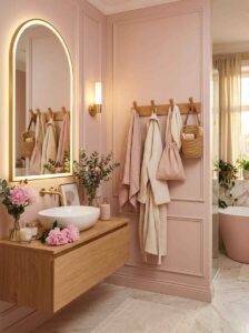 Wooden peg wall hooks hanging waffle robes, towels, and a small woven bag in a pink bathroom.