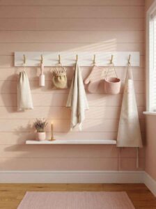 Wooden wall peg rack holding lint rollers, aprons, canvas tote bags, and pink laundry accessories.