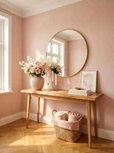 Decorative woven baskets placed under a wooden bench for hidden shoe storage, reflecting clean and functional entryway styling ideas.