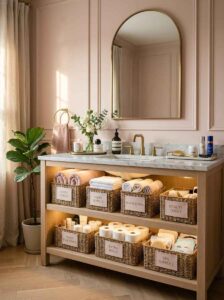 Open bathroom vanity lower shelf with labeled woven baskets holding extra toilet paper and towels.