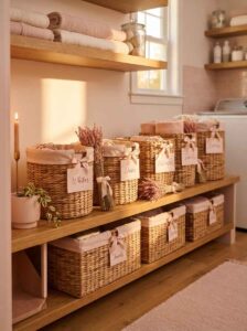 Woven storage baskets with fabric labels for sorting laundry arranged neatly on wooden shelves.