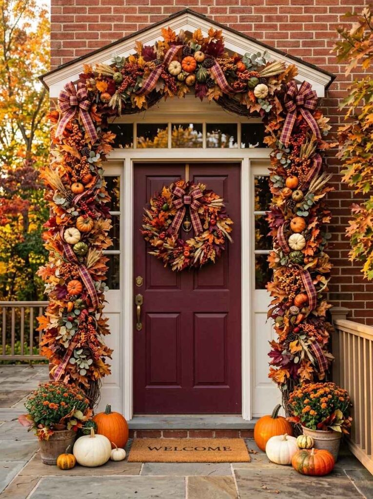 Front door framed by an arched autumn leaf and pumpkin garland, featuring a matching door wreath with plaid ribbon bows.