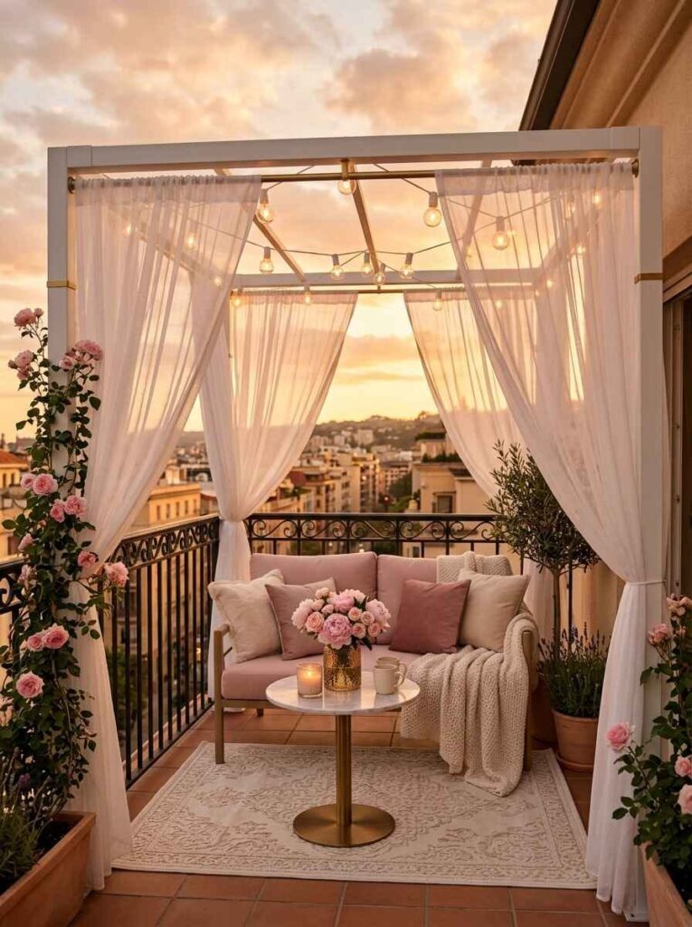Small balcony featuring a white pergola canopy frame with sheer white privacy curtains and glowing string lights.