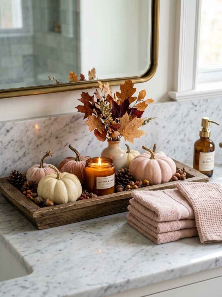 Wooden tray on a marble bathroom vanity filled with mini pink and white pumpkins, an amber candle, pinecones, and stacked pink hand towels.