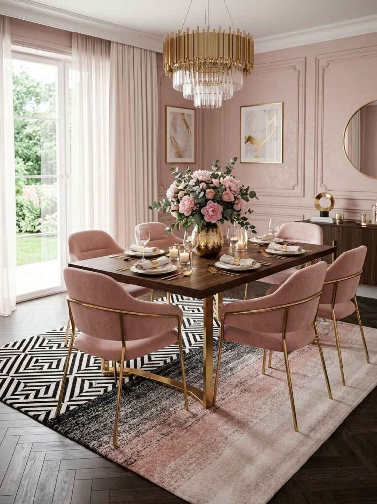 Bold black and white geometric pattern area rug under a dark wood dining table with blush chairs and brass chandelier.