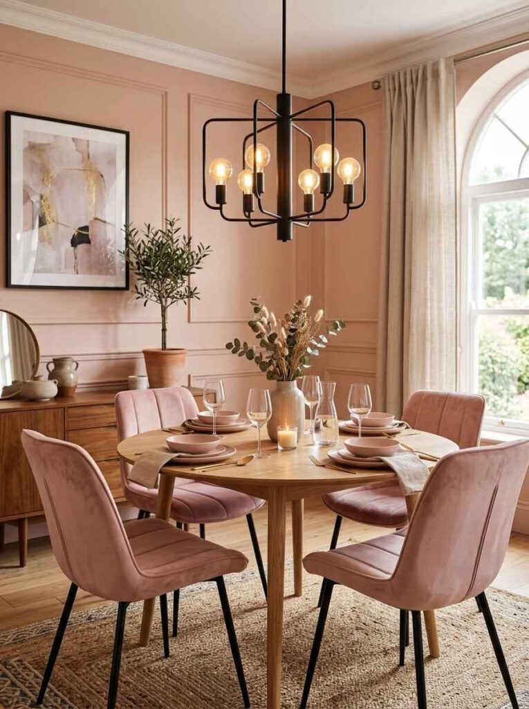 Modern black metal geometric chandelier with exposed Edison bulbs hanging over a round wood dining table with blush chairs.