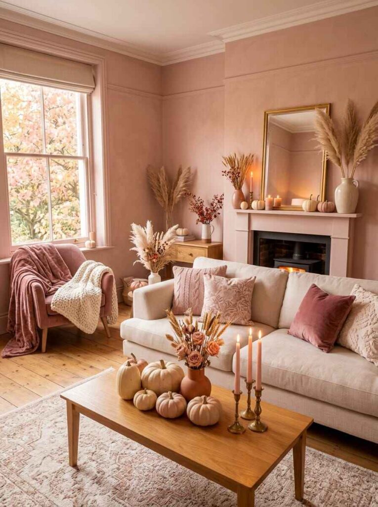 Romantic blush pink living room decorated for fall with pale pumpkins on a coffee table, pampas grass, velvet pillows, and a glowing fireplace.