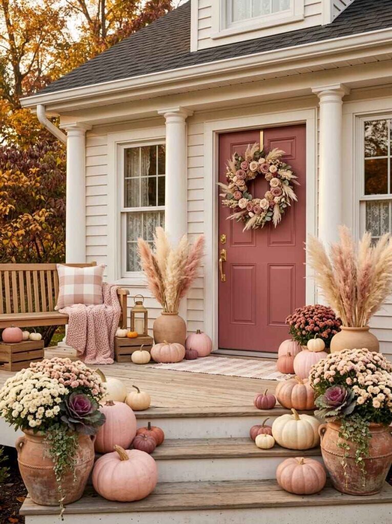 Blush pink and neutral fall front porch featuring pampas grass urns, pale pink pumpkins, and terracotta mum planters on steps.