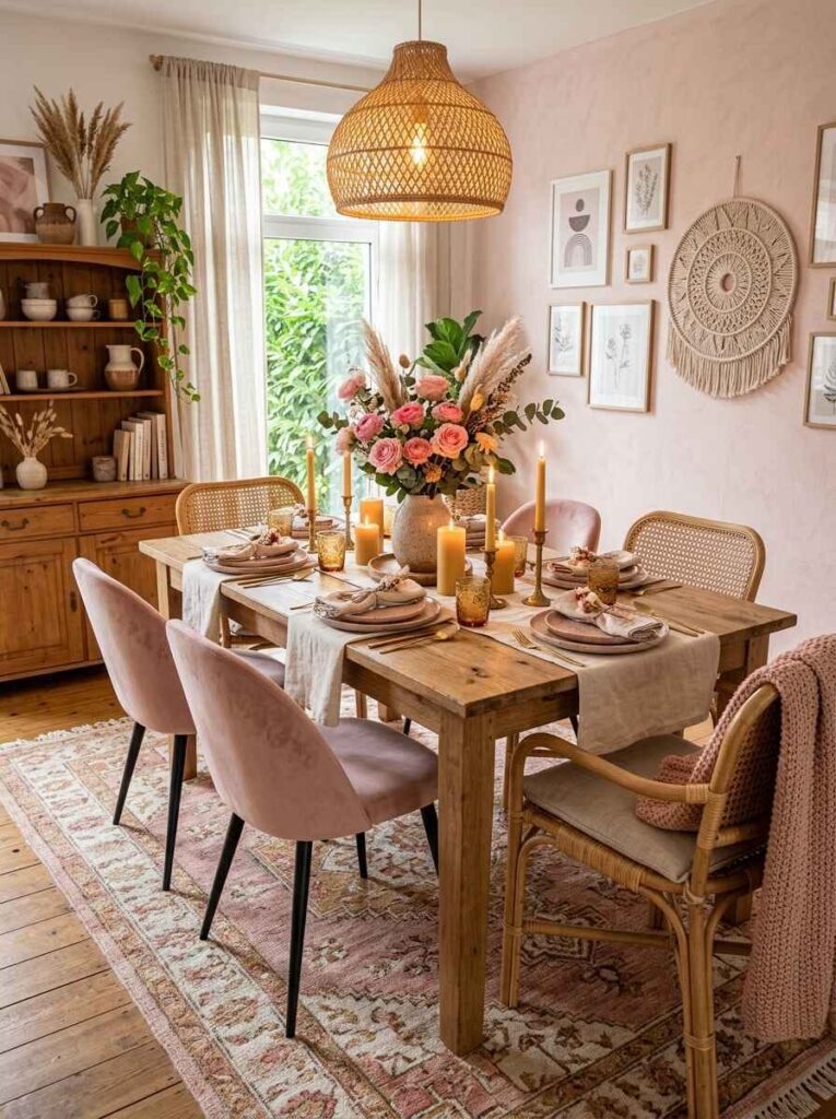Bohemian dining room with patterned pink rug under rustic wood table, woven pendant light, and cane chairs.