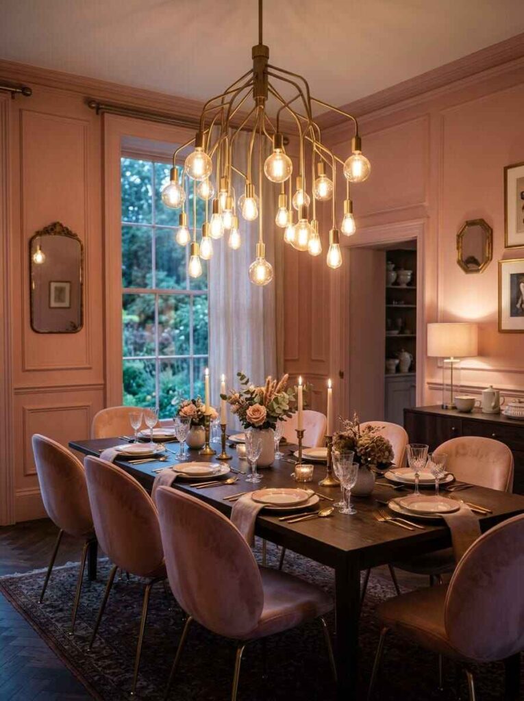 Brass branch multi-light chandelier with exposed bulbs hanging above a rectangular dark wood table set for an elegant dinner party.