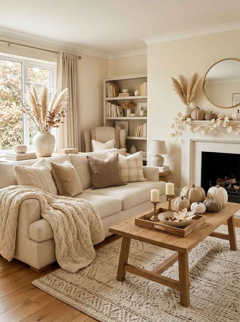 Budget-friendly neutral fall living room styled with thrifted wooden tray, white faux pumpkins, cozy knit blanket, and dried florals.