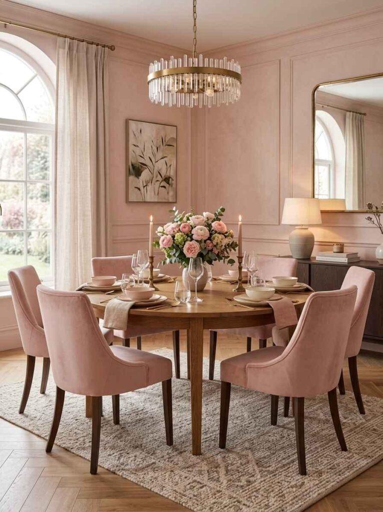 Textured low-pile neutral area rug under a round wood dining table with pink velvet chairs and modern crystal drum pendant.