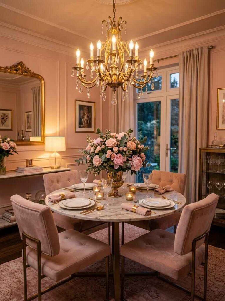 Classic gold crystal candle-style chandelier illuminating a round marble dining table with blush velvet chairs and floral arrangement.