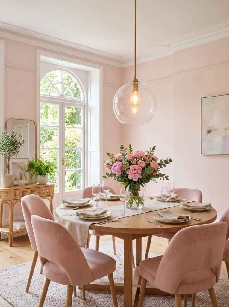 Clear glass globe pendant light hanging above a round oak dining table surrounded by blush chairs in a bright, airy dining room.