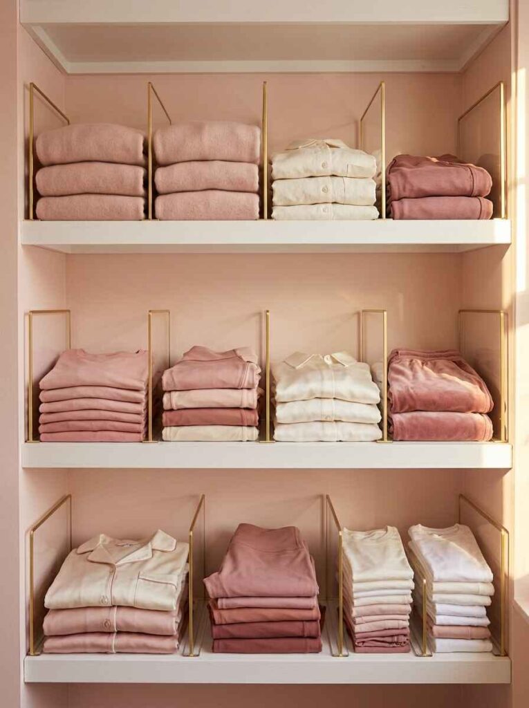 White closet shelving featuring clear gold wire dividers organizing stacks of folded sweaters and t-shirts.