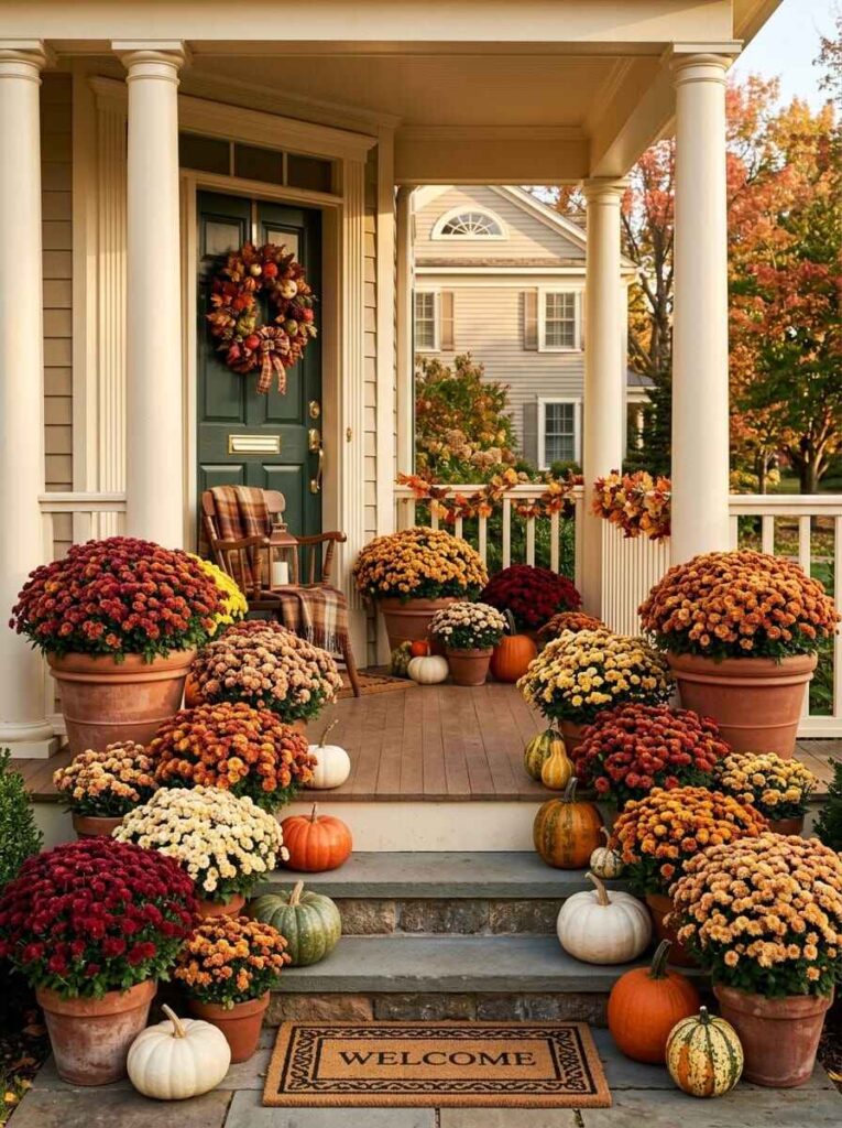Fall porch steps lined with abundant potted chrysanthemums in orange, burgundy, and yellow terracotta pots with assorted pumpkins.