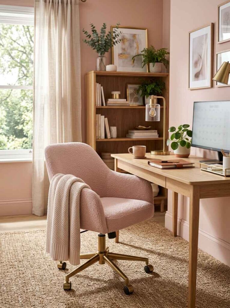 Cozy pink boucle swivel desk chair with gold base positioned at a natural wood desk with jute rug and bookshelf.