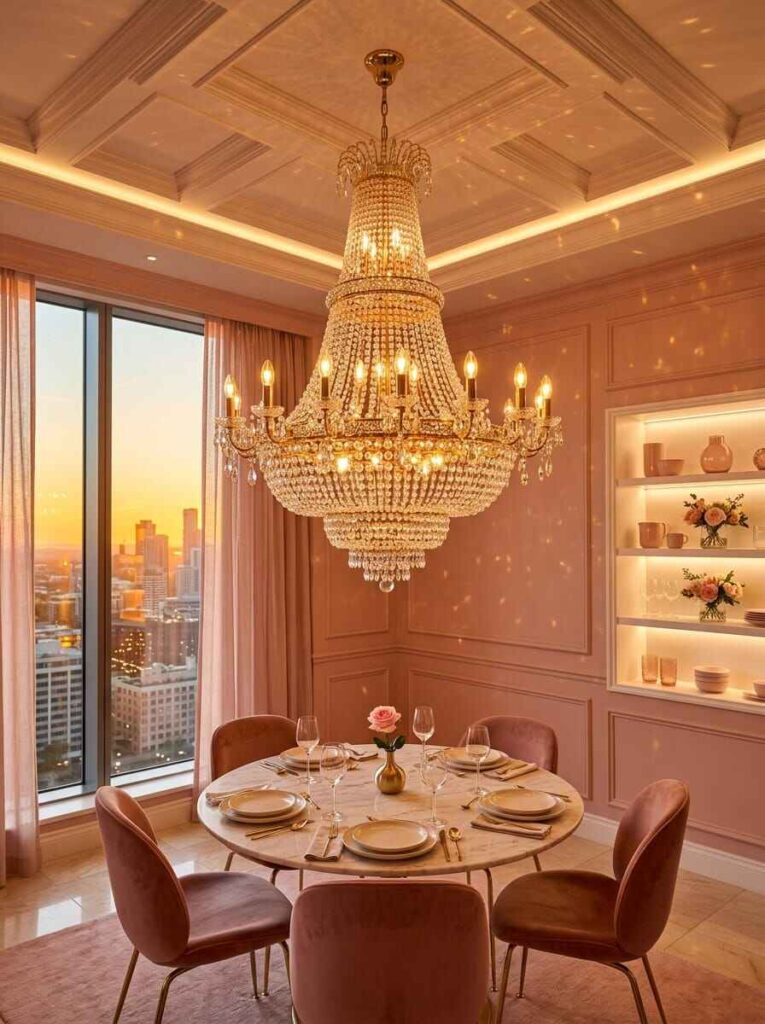 Compact round dining table set for four under a grand crystal chandelier in a high-rise apartment.