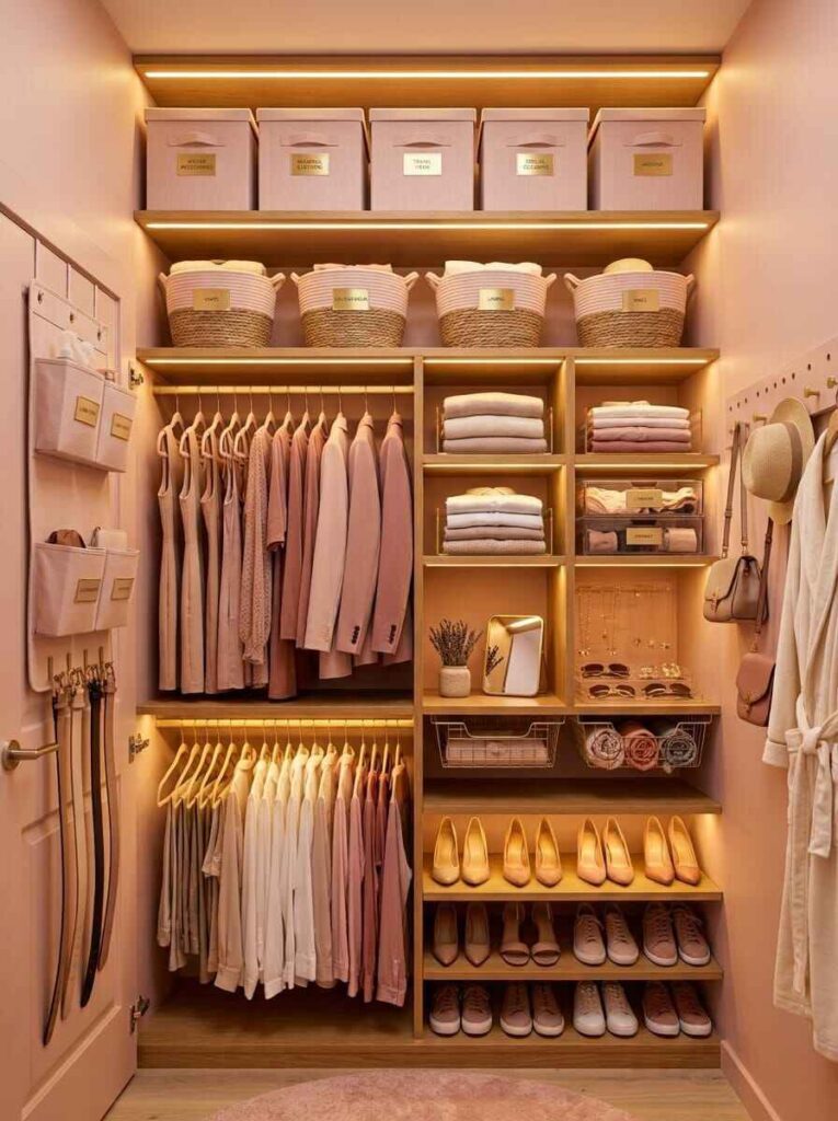 Complete small closet organization system with upper shelves, double rods, color-coded clothes, and shoes.