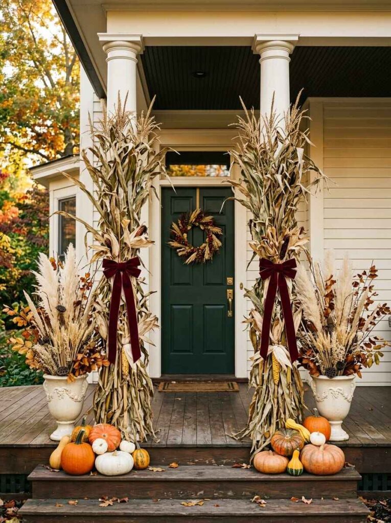 Front porch with tall bundled corn stalks tied with velvet ribbons, dried pampas grass urns, and assorted pumpkins on steps.