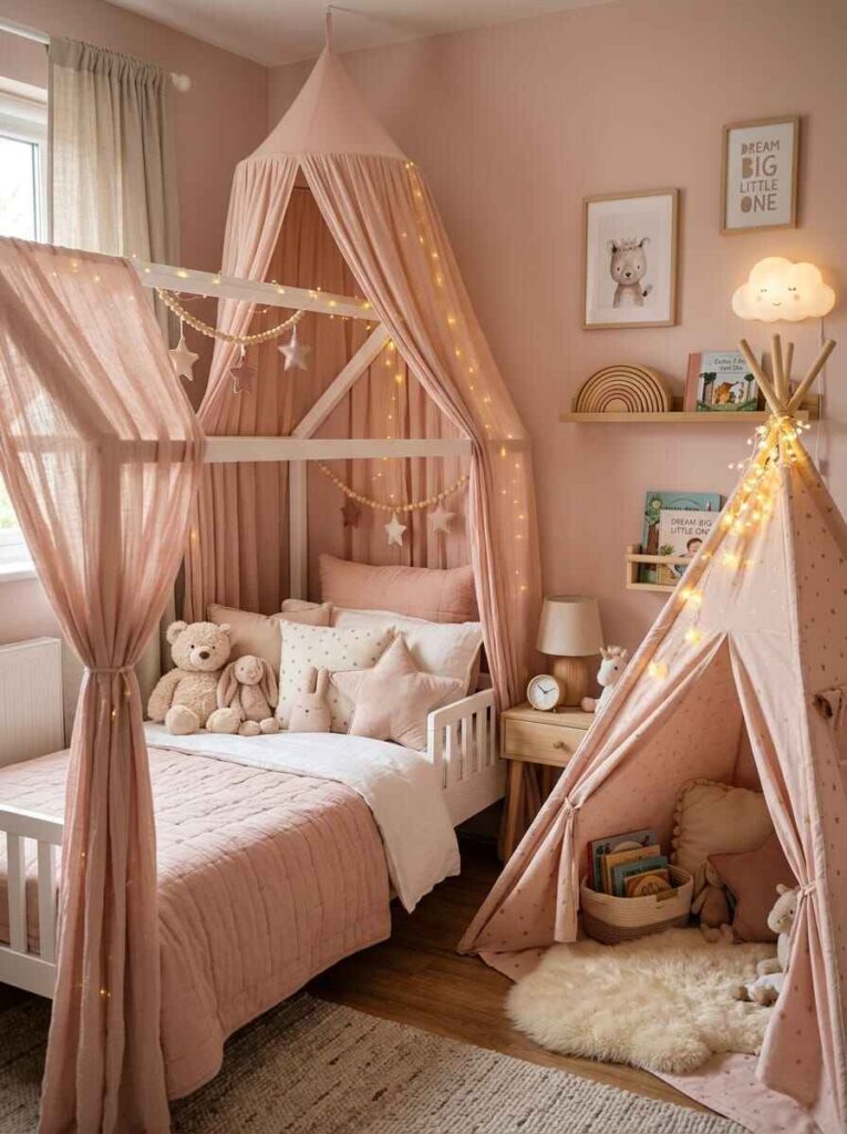 White wooden house bed with soft pink canopy drapes, fairy lights, and matching play tent in a cozy kids bedroom.