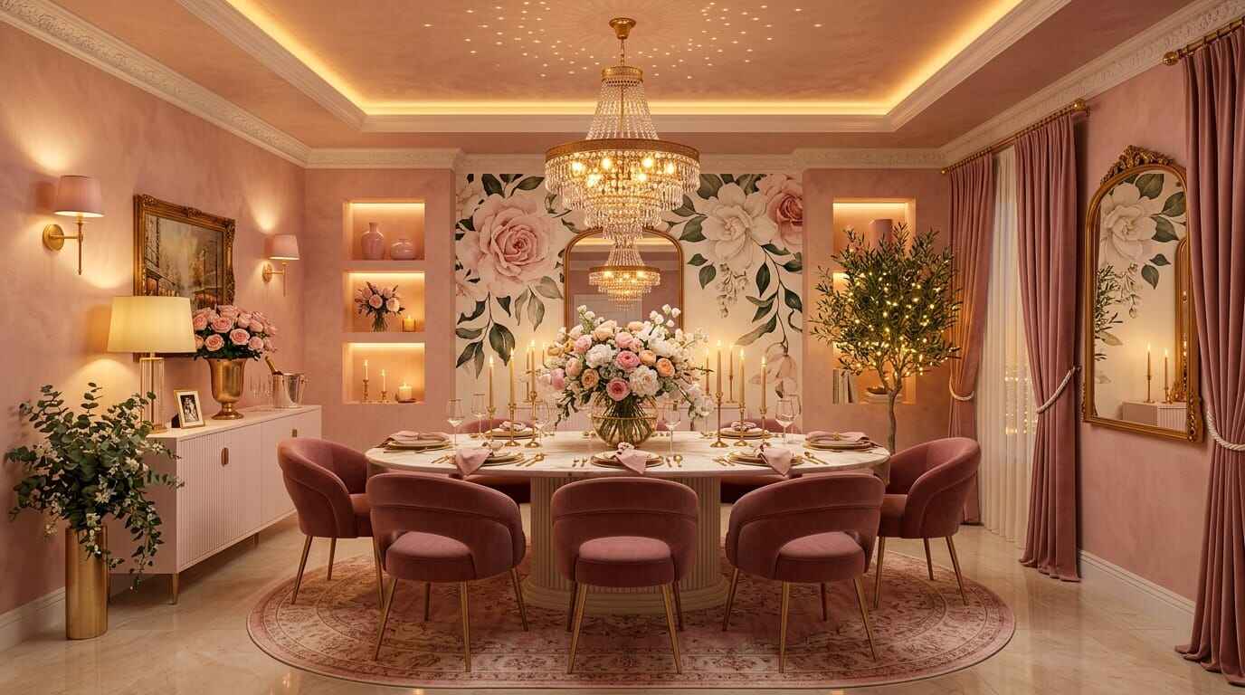 Cozy dining room featuring a round marble table, velvet chairs, crystal chandelier, and warm ambient wall sconce lighting.