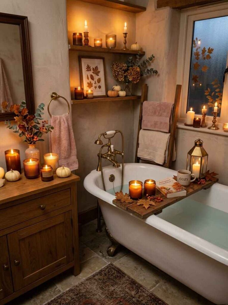 Atmospheric fall bathroom at night with glowing amber pillar candles, wooden bath caddy on a clawfoot tub, and hanging ladder towels.