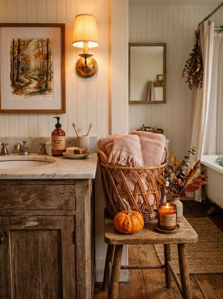 Rustic wooden bathroom stool holding a wicker basket with blush towels, small pumpkin, amber jar candle, and framed autumn artwork on the wall.
