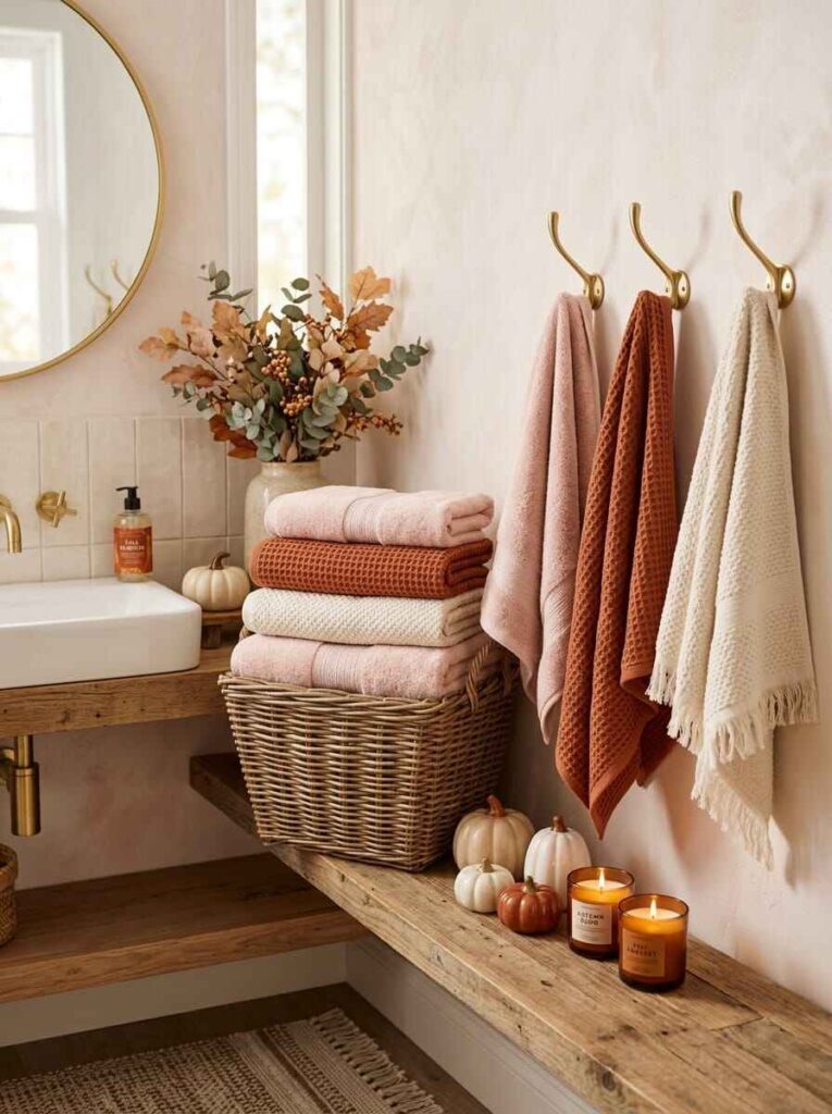 Brass wall hooks holding hanging waffle bath towels in rust, blush, and cream above a wicker basket and small white pumpkins.